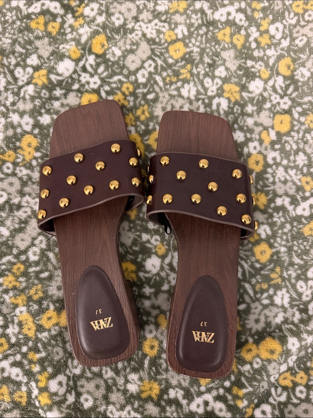 Zara Dark Brown mini heel Sandals with Gold Studs